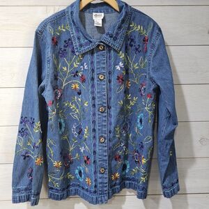 G-Unit Vintage Women's Blue Denim Jean Jacket XL Floral Embroidery Boho Hippie